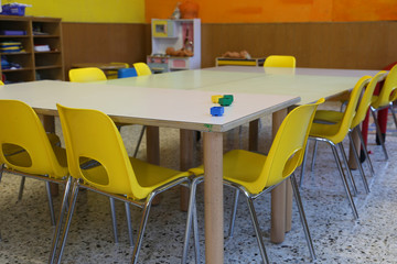 classroom of a Kingergarten with yellow chairs and tables