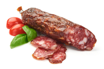 Dried pork sausage, traditional smoked meat, close-up, isolated on white background