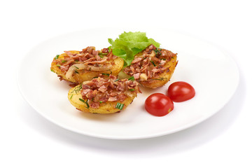 Baked loaded potatoes with bacon, close-up, isolated on white background
