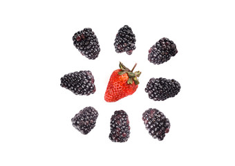 Ripe blackberries and strawberry isolated on white background.