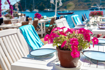 View of restaurant or cafe and bougainvillea flowers on beach in Gumusluk, Bodrum city of Turkey. Aegean seaside style colorful chairs, tables and flowers in Bodrum town near beautiful Aegean Sea.