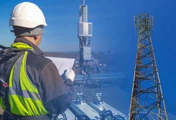 Collage of telecommunication engineer in helmet and uniform with documentation and tower with...
