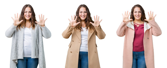 Collage of beautiful plus size woman wearing winter jacket over isolated background showing and pointing up with fingers number ten while smiling confident and happy.