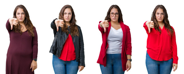 Collage of beautiful plus size business woman over isolated background looking unhappy and angry showing rejection and negative with thumbs down gesture. Bad expression. © Krakenimages.com