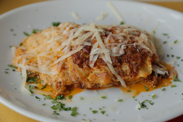 delicious lasagna with meat and grated parmesan served on a white dish