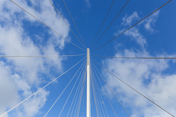 perspective of one tower and vertical suspender cables of a hanging bridge