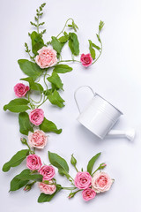 Floristic vertical summer composition: bindweed leaves, flowers and rosebuds on a white background. Top view