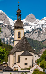 Beautiful alpine view with the famous church Saint Sebastian at Ramsau - Bavaria - Germany