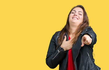 Beautiful plus size young woman wearing a fashion leather jacket over isolated background Laughing of you, pointing to the camera with finger hand over chest, shame expression