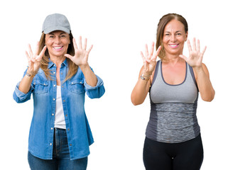 Collage of beautiful middle age woman wearing sport outfit over isolated background showing and...