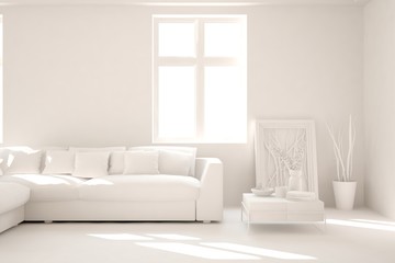 Mock up of stylish room in white color with sofa. Scandinavian interior design. 3D illustration