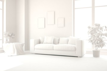 Mock up of stylish room in white color with sofa. Scandinavian interior design. 3D illustration