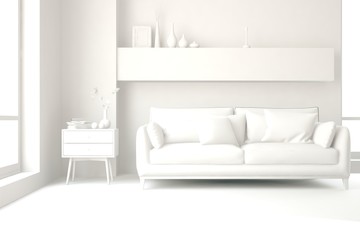 Mock up of stylish room in white color with sofa. Scandinavian interior design. 3D illustration