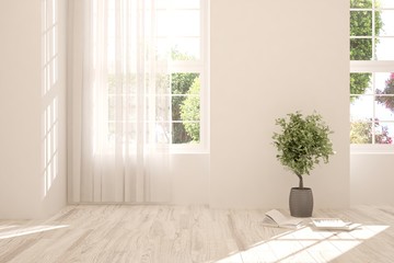 Obraz na płótnie Canvas Stylish empty room in white color with summer landscape in window. Scandinavian interior design. 3D illustration