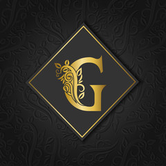 Golden letter G with elegant floral contour isolated on colorful separate background. Premium letter A or background great for logo, monogram, invitation, flyer, menu, brochure, card, cover, fashion