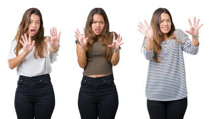 Obraz premium Collage of beautiful young woman over isolated background afraid and terrified with fear expression stop gesture with hands, shouting in shock. Panic concept.