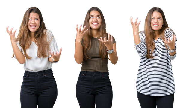 Collage of beautiful young woman over isolated background crazy and mad shouting and yelling with aggressive expression and arms raised. Frustration concept.
