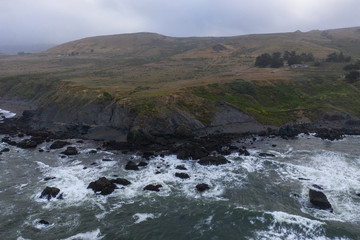 The cold, nutrient-rich waters of the Pacific Ocean wash against the rugged yet scenic coastline of Northern California. This area is easily accessible from the famous California route 1.