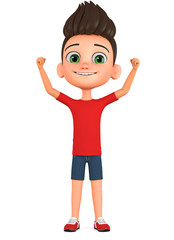 Cartoon character boy celebrates victory on white background. 3d render illustration.