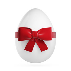 Egg with decorative red bow on a white background. Clipping path included.