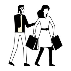 man using smartphone and woman with shopping bag