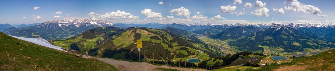 High resolution stitched panorama of beautiful alpine view at with the famous Wilder Kaiser mountains at Söll - Tyrol - Austria