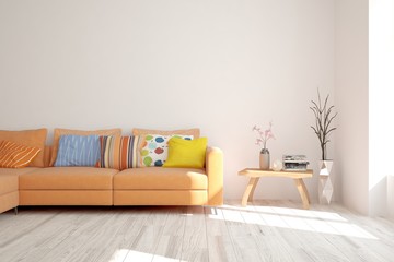 Stylish room in white color with sofa. Scandinavian interior design. 3D illustration