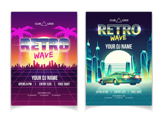 Retro wave music party, DJ performance in nightclub cartoon vector ad leaflet, promo poster, flyer page. Setting sun over metropolis, futuristic sport car on future city street neon color illustration