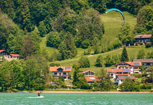 Beautiful alpine view with kite surfers at Bad Wiessee - Tegernsee - Bavaria - Germany