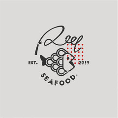 fish and reel seafood vintage logo template