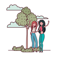 women dancing in landscape with trees and plants