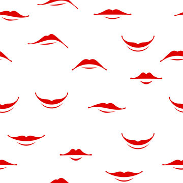 Cartoon Smile Lips Seamless Pattern Isolated on White Background. Set of Red Female Mouth. Lips Collection. Different Facial Expression. Human Sense for Taste. Dental Care