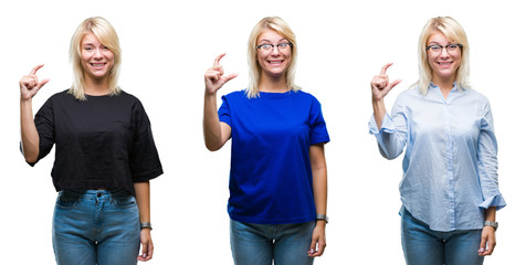 Collage of beautiful blonde woman over isolated background smiling and confident gesturing with hand doing size sign with fingers while looking and the camera. Measure concept.