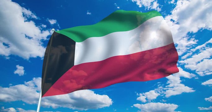 Flag of Kuwait with fabric structure against a cloudy sky (loopable)