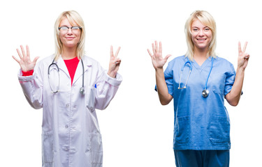 Collage of doctor and nurse woman over white isolated background showing and pointing up with fingers number seven while smiling confident and happy.