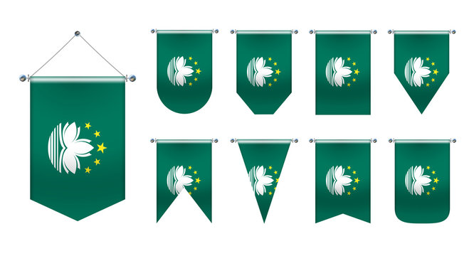 Set of hanging flags of the MACAU. Diversity shapes of the national flag of country. Vertical Template pennant for background, travel banner, web, logo,award, achievement, festival, carnaval