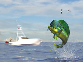 Big game fishing time, big mahi mahi dolphin fish jumped hooked by sport fishing angler, fishing boat 3d render