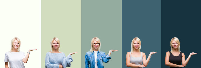 Collage of beautiful blonde woman over green vintage isolated background smiling cheerful presenting and pointing with palm of hand looking at the camera.