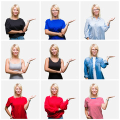 Fototapeta na wymiar Collage of beautiful blonde woman wearing differents casual looks over isolated background smiling cheerful presenting and pointing with palm of hand looking at the camera.