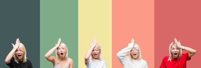Collage of beautiful blonde woman over vintage isolated background surprised with hand on head for...