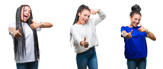 Obraz premium Collage of beautiful braided hair african american woman over isolated background approving doing positive gesture with hand, thumbs up smiling and happy for success. Looking at the camera