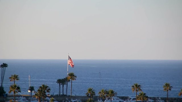 American flag and bird flying on island in Pacific Ocean