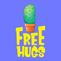 Free hugs text and cartoon green cactus in pot isolated on violet background. funny houseplant icon with quote or slogan for print on tee. International free hugs day concept
