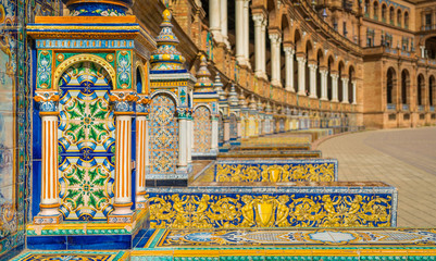 Obraz premium Tiles and decorations in the beautiful Plaza de Espana in Seville. Andalusia, Spain.