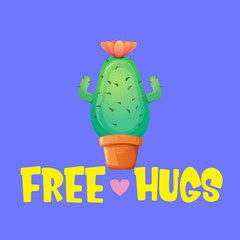 Free hugs text and cartoon green cactus in pot isolated on violet background. funny houseplant icon with quote or slogan for print on tee. International free hugs day concept