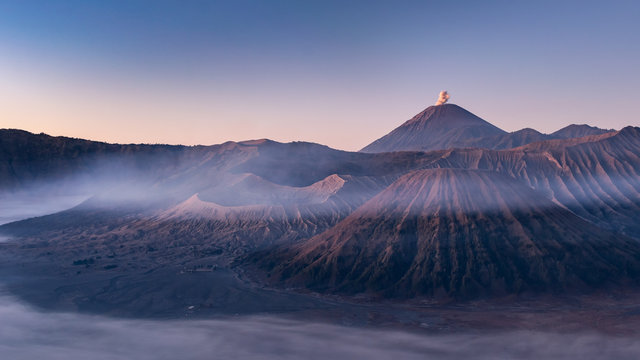 Impressive view of Bromo and Semeru during blue hour