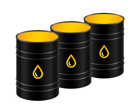 A row of black metal barrels of oil. Vector isolated illustration.