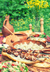 Shashlik khinkali salad Georgian food nature background vintage