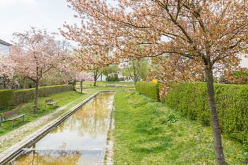 Angelegter Wasserpark und Wasserfläche in einer modernen Wohnanlage, Deutschland