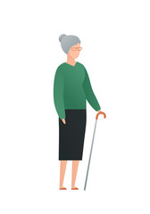 Vector modern flat old character illustration. Cute aged female standing with cane isolated on white background. Aged people with grey hair